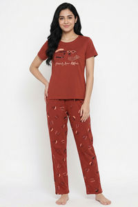 Zivame Farm Lore Knit Cotton Pyjama Set - Burnt Brick — thumbnail 1